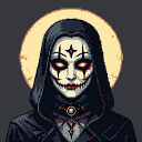 A cloaked figure with a sinister grin, glowing red eyes, and an ethereal halo against a dark background.