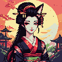 Geisha with fox ears, red eyeshadow, and ornate hairpins, in a floral kimono with a red obi, set against a soft-focus golden moon/sun and silhouetted pagodas and trees.