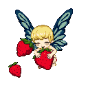 A small, winged creature with blonde hair joyfully nibbles a large strawberry, with two more strawberries floating nearby against a black background.