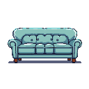 A tufted, light teal sofa with dark wooden legs on a dark background.