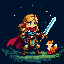 Hero in ornate armor and red cape with sword, standing beside a fox under a starry night sky.