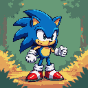 Sonic the Hedgehog in a pixelated style, standing in an autumn forest.