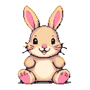 A plump, peachy-tan bunny with pink inner ears and paw pads sits with legs splayed forward, looking directly ahead with large dark eyes.