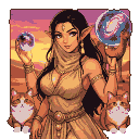 Elven dancer with veiled mouth, golden eyes, and ornate jewelry cradles a galaxy orb and a sunset orb, flanked by two Persian cats, with a camel in the distance.