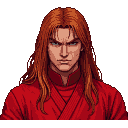 Young man with auburn hair in a red martial arts uniform, stern expression.