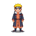 Young Naruto Uzumaki in his orange and dark blue outfit and Konoha forehead protector, standing with spiky blonde hair and blue eyes.