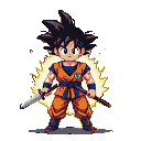 Young warrior with spiky black hair, wearing an orange gi with a blue sash, holding a sword in his right hand and a scabbard in his left, surrounded by a golden aura.