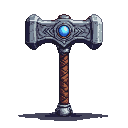 Mjölnir, Thor's hammer, with a grey stone head featuring swirling runes and a pulsing blue gem. The handle is wrapped in reddish-brown material.
