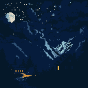 Jagged, icy blue-dusted mountains under a pale moon and stars, with a small structure featuring glowing orange windows.