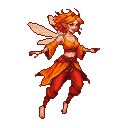 Fiery pixie with orange and red flame-like hair, impish grin, peach translucent wings, and flowing fiery orange and red garments against a black background.