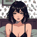 Pixel Art: A stylized anime-style illustration of a young woman is presented. She has pale skin, freckles, and striking yellow eyes. Her short black hair is styled with a purple streak, framing her face. She wears a black bra and appears to be in an indoor setting with patterned wallpaper. Her expression is one of surprise or slight concern, with her mouth slightly open. The lighting is soft and even, and the artwork is characterized by clean lines and bold colors. The perspective is a medium close-up, focusing on the upper body and face of the woman. The overall atmosphere is modern and stylish. (generated with AI by Zurum).