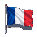 French flag in pixel art, blue, white, and red stripes, waving on a flagpole against a transparent background.