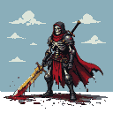 Skeletal warrior in dark armor and crimson cape, holding a bloodied golden sword, looking up at a cloudy sky.