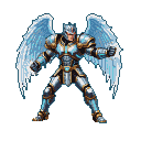 Archangel fighter in segmented gold-accented armor with large ethereal blue and white wings, silhouetted against a black background.