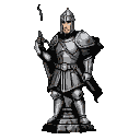 A knight in segmented armor stands at attention, holding a weapon aloft.