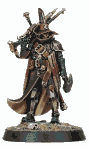 Armored warrior with a tattered cloak and menacing helmet, holding a large weapon slung across their back, standing on a textured base.