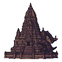 A colossal, intricately detailed temple with towering spires, and a formidable, winged creature crouching to its right.