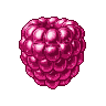 A metallic, pixelated raspberry with sharp highlights and deep shadows on a black background.