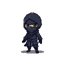 Chibi ninja with emerald eyes, wearing dark hooded attire.