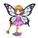 Whimsical pixie with large butterfly wings, blonde hair, and a pink dress, holding a golden key.