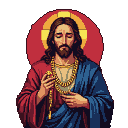 Jesus with closed eyes, wearing multiple gold chains and holding a rosary, against a vibrant red background with a yellow and red halo.