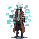 Stylized male figure with spiky white hair, wearing a dark outfit and long brown trench coat, interacting with a holographic interface of glowing blue digital windows and icons against a black background.