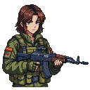 Pixel Art: Femboy early 2000s russian mercenary with ak-74m shoulder length brown hair blue eyes (generated with AI by Lev Volkov).