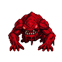 A hunched, four-legged crimson creature with bulging muscles, sharp teeth, and glowing eyes, dripping with red fluid.