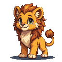 Stylized lion cub with large green eyes and a mane of orange and brown, golden fur, and a playful tail.