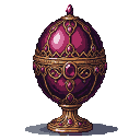 Crimson Fabergé-style egg with intricate gold filigree and sparkling jewel accents, resting on an ornate golden pedestal.