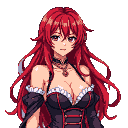 Young woman with long red hair, wearing a black and dark red dress with white lace trim and a necklace, looking forward with a thoughtful expression against a black background.