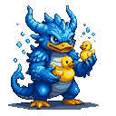 A blue reptilian creature with horns and a duck-like beak gently holds two small yellow rubber ducks.