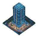 A tall, futuristic skyscraper with a glowing blue panel facade stands above a subtly lit, affluent district.
