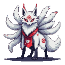 Pixel Art: monster from Japanese mythology kitsune with animal stand wi...