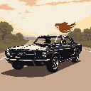 Woman leaning against a classic black Mustang at sunset on an open road.