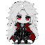 Chibi vampire Scarlet in a side-view battle stance, with voluminous white hair, glowing crimson irises, fangs, and a dark charcoal tunic with a tattered scarlet cape, against neon violet backlighting.