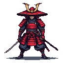 A samurai warrior in red and gold armor stands ready for battle, holding two swords.