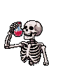 Skeletal figure holding a glowing red vial to its eye sockets.