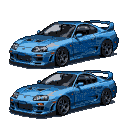 Two vibrant blue Toyota Supra Mk4s in pixel art style, one slightly higher and one lower, with dark rims and visible headlights and taillights, against a dark background.