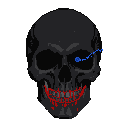 Pixelated black skull with electric blue energy from the right eye and dripping red teeth.