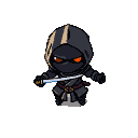 Menacing chibi ninja with dark hooded attire and glowing orange eyes, holding a gleaming katana horizontally.