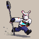 Character with rabbit ears, a white mask, and a pixelated chest accent runs with a dark staff, dust scattering beneath their feet.