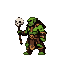 Green-skinned orc shaman with a skull-topped staff, wearing armor and a loincloth, in profile.