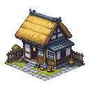 Pixel Art: 茅草屋小院，等角视图 (generated with AI by Branros Griffon).