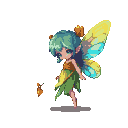 Pixel Art: a little fairy in very exotic colors, dressed in light cloth...