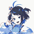 Young anime-style character with dark blue twin pigtails, blue hair accessory, and a cheerful smile, raising her right hand in a peace sign.