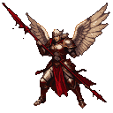 Warrior angel in segmented armor with a crimson sash, wings spread, holding a blood-tipped scarlet spear.