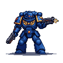 Space Marine in blue power armor with golden pauldrons and red glowing eyes, aiming a bolter with a muzzle flash and holding a pistol.