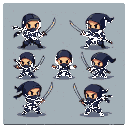 Chibi ninjas in dark outfits with curved blades, posed for combat.