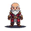 Elderly dwarf with a white beard, bald head, red tunic, grey undergarment, brown leather bracers and boots, and a belt with a golden buckle.